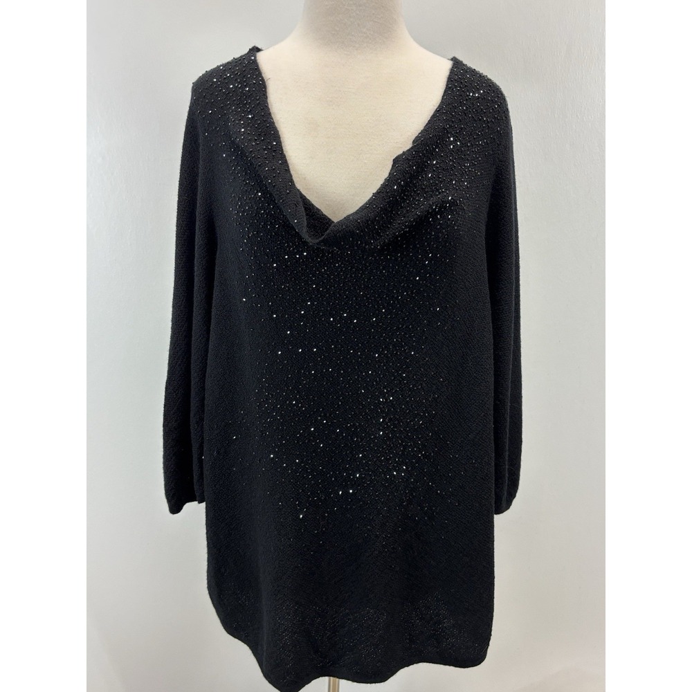 Eileen Fisher Merino Wool Sweater Sz 1X Plus Women's Black Cowl Neck Glass Beads